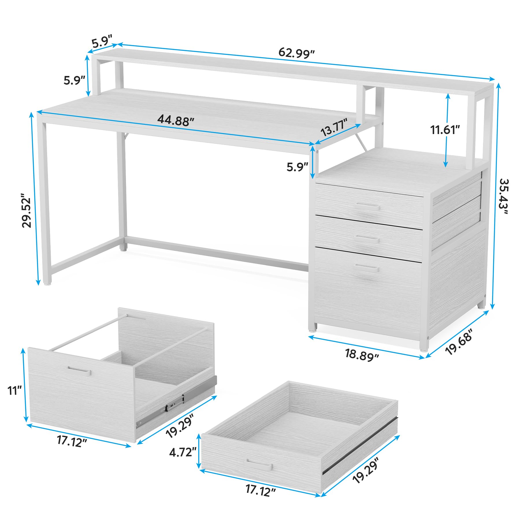 Tribesigns 63 Inch Computer Desk with File Drawer Cabinet, Ergonomic Office Desk with Monitor Stand, Computer Table with Printer Space, Wood PC Table Workstation Desk for Home Office, White - WoodArtSupply