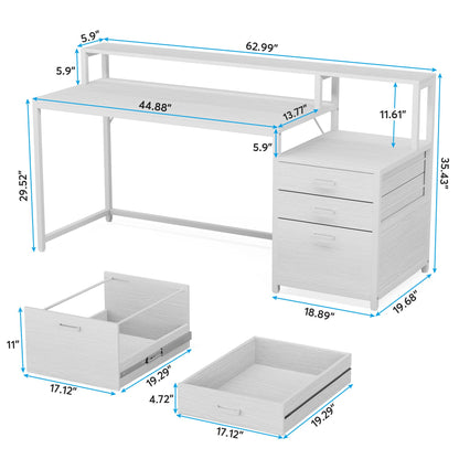 Tribesigns 63 Inch Computer Desk with File Drawer Cabinet, Ergonomic Office Desk with Monitor Stand, Computer Table with Printer Space, Wood PC Table Workstation Desk for Home Office, White - WoodArtSupply