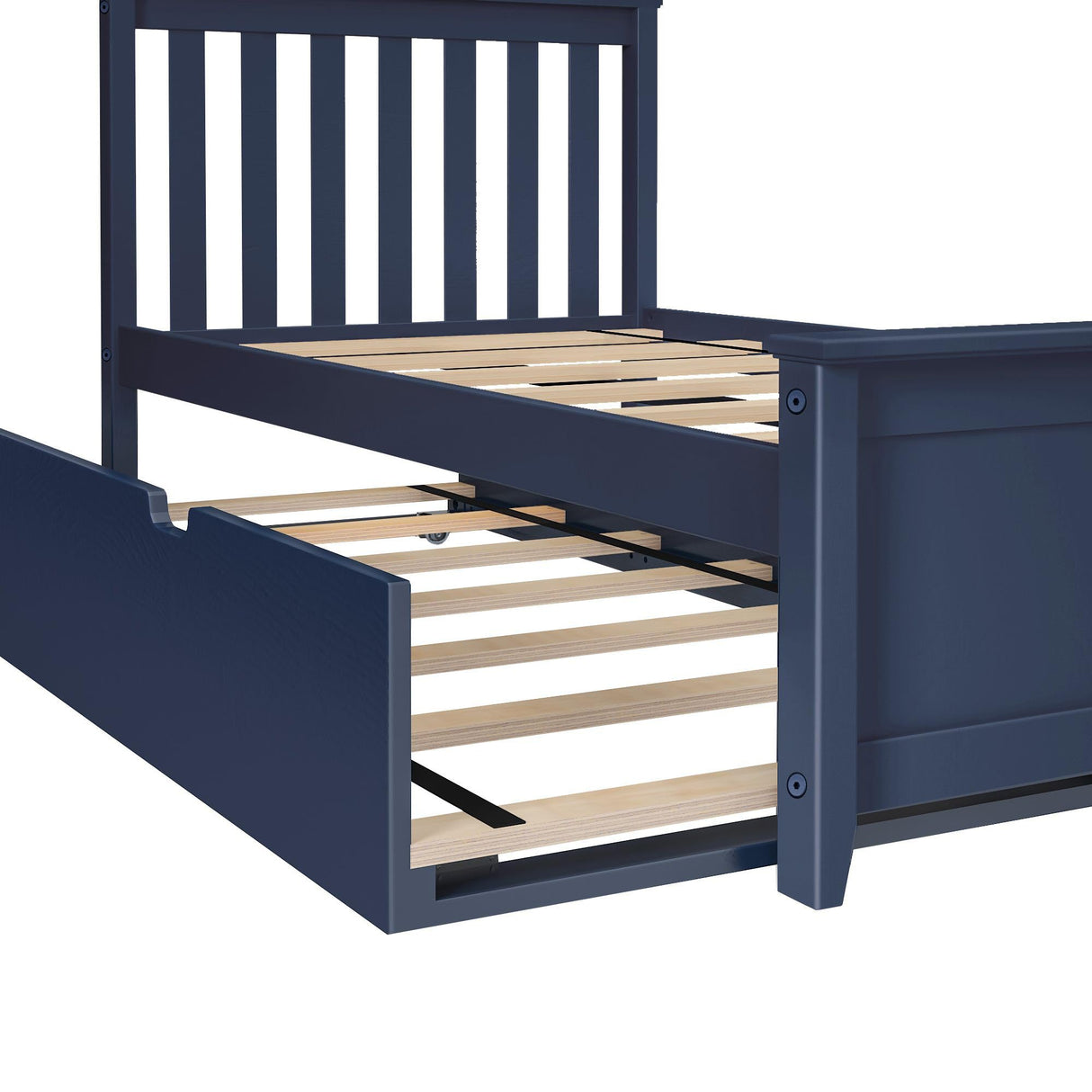 Max & Lily Twin Bed, Wood Bed Frame with Headboard For Kids with Trundle, Slatted, Blue Max & Lily