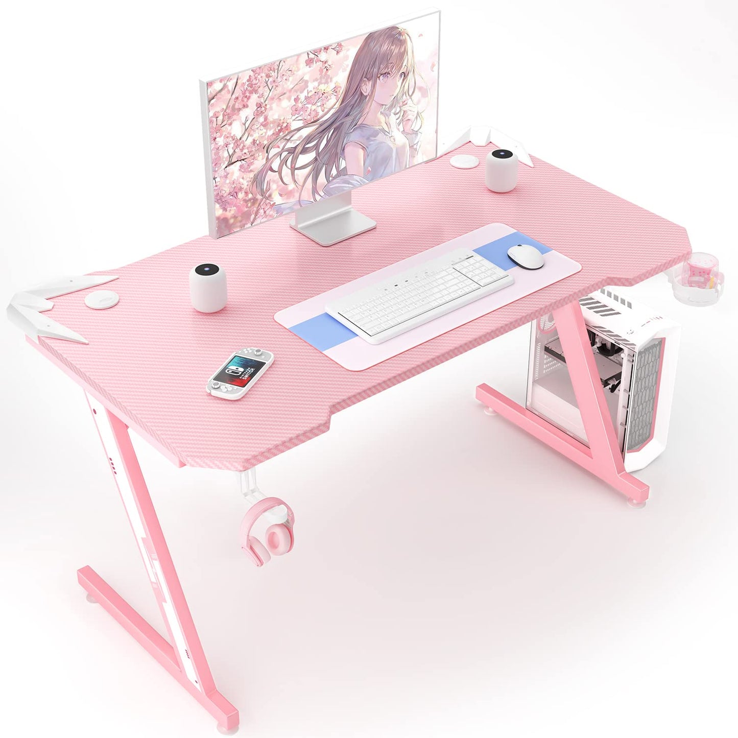 Homall Gaming Computer Desk with Carbon Fiber Surface, Gaming Table Z Shaped Pc Home Office with Cup Holder&Headphone Hook(44 in, Pink)