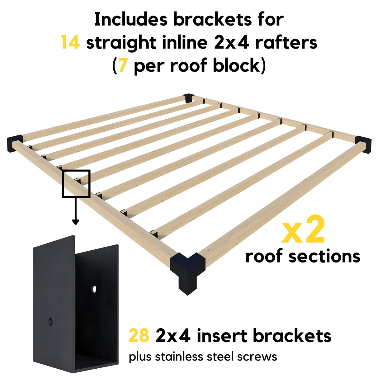 Hardware Kit for Up to 24' x 12' Wooden Stand-Alone Pergola with Roof (14 Inline Rafters) + 2 Privacy Walls (13 Slats Each) Zen Pergolas