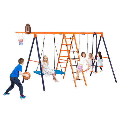 SUPER DEAL Outdoor Swing Set for Kids, Metal Playset with Adjustable Swings, Climbing Ladder and Nets, Swing Glider, Basketball Hoop for Backyard Playground, Heavy Duty 6 in 1 SUPER DEAL