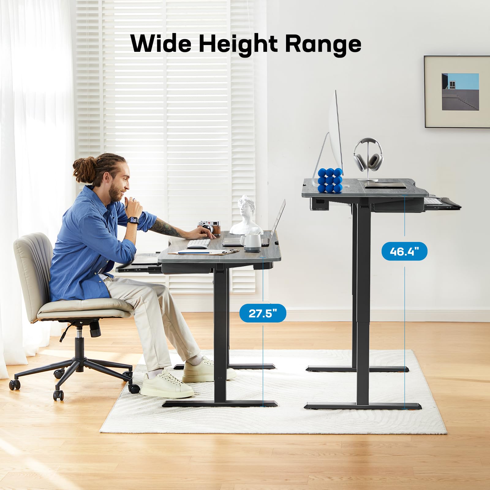 HUANUO Standing Desk Adjustable Height, 48" x 24" Electric Stand Up Desk for Home Office with Large Keyboard Tray(26.7"), 4 Memory Height Setting, Computer Workstation, Grey - WoodArtSupply