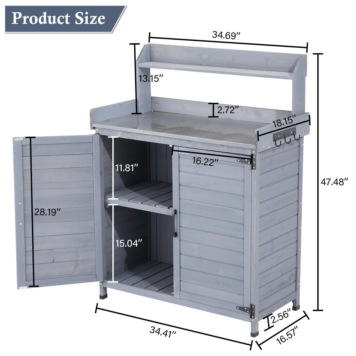 GarveeLife Garden Potting Bench Table, Outdoor Garden Horticultural Wooden Storage Cabinet, Solid Wood Planting Work Bench with Open Top, Metal Tabletop, Handy Hooks, Bench Table Cover GarveeLife