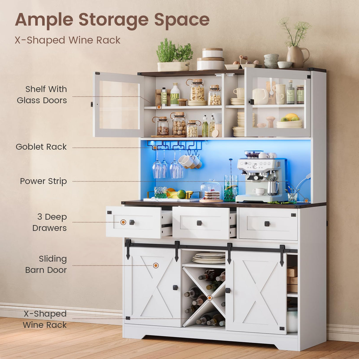 DICTAC Farmhouse Buffet Cabinet with Storage Coffee Bar Station Cabinet with Power Outlet and LED Light, Tall Bar Cabinets with Sliding Barn Door and Wine Glass Rack for Kitchen, Living Room,White DICTAC