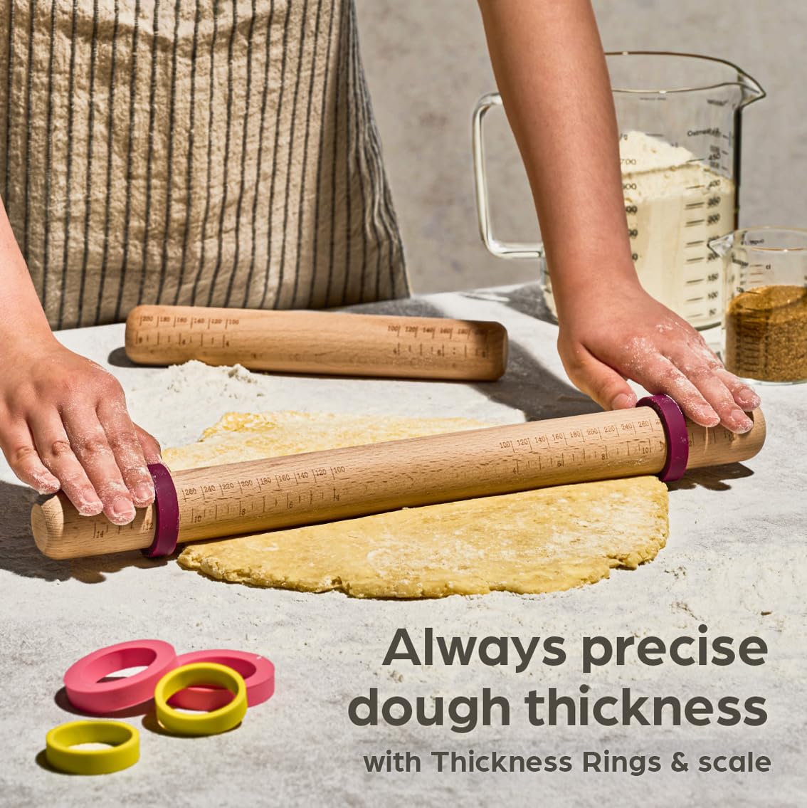 Rolling Pin For Baking with Thickness Rings - 2 Adjustable Rolling Pin with Scale - Sustainable FSC® Wood - for Pie Crust, Cookie, Pastry - Baking Essential