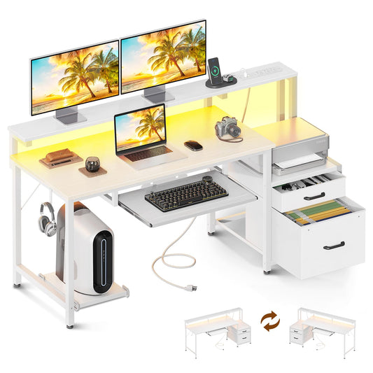 AODK 55 Inch Computer Desk with Power Outlet and LED Light, Reversible Office Desk with File Cabinet and Drawer, Gaming Desk with Keyboard Tray, Study Table with Full Monitor Riser and PC Stand, White