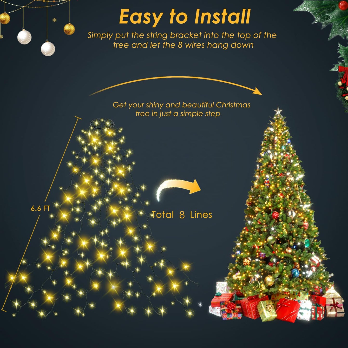 Christmas Tree Lights Indoor Outdoor, 280 LED Christmas String Lights 6.6FT x 8 Lines with 8 Modes & Timer, Waterproof Twinkle Lights Plug in for 6FT- 8FT Xmas Tree Christmas Decoration (Warm White)