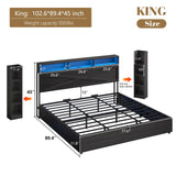 LUXOAK King Size Lift Up Bed Frame with Bookcase Headboard & 2 Side Shelf, Farmhouse Storage Bed with LED Light and Charging Station, No Box Spring Needed, Noise-Free, Black Oak LUXOAK
