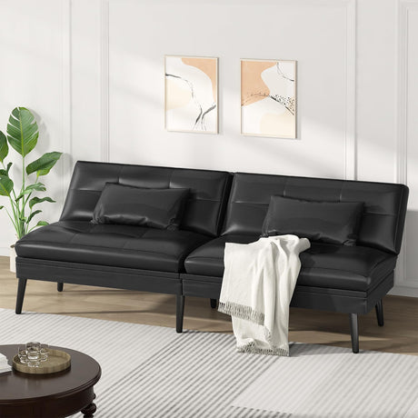 AWQM Convertible Futon Sofa Bed, 70" Futon Sofa Bed, Adjustable Futon Couch, Faux Leather Futon Sofa Couch, Comfy Futon Couch Bed with 2 Square Pillows, for Living Room, Apartment, Office (Black) AWQM