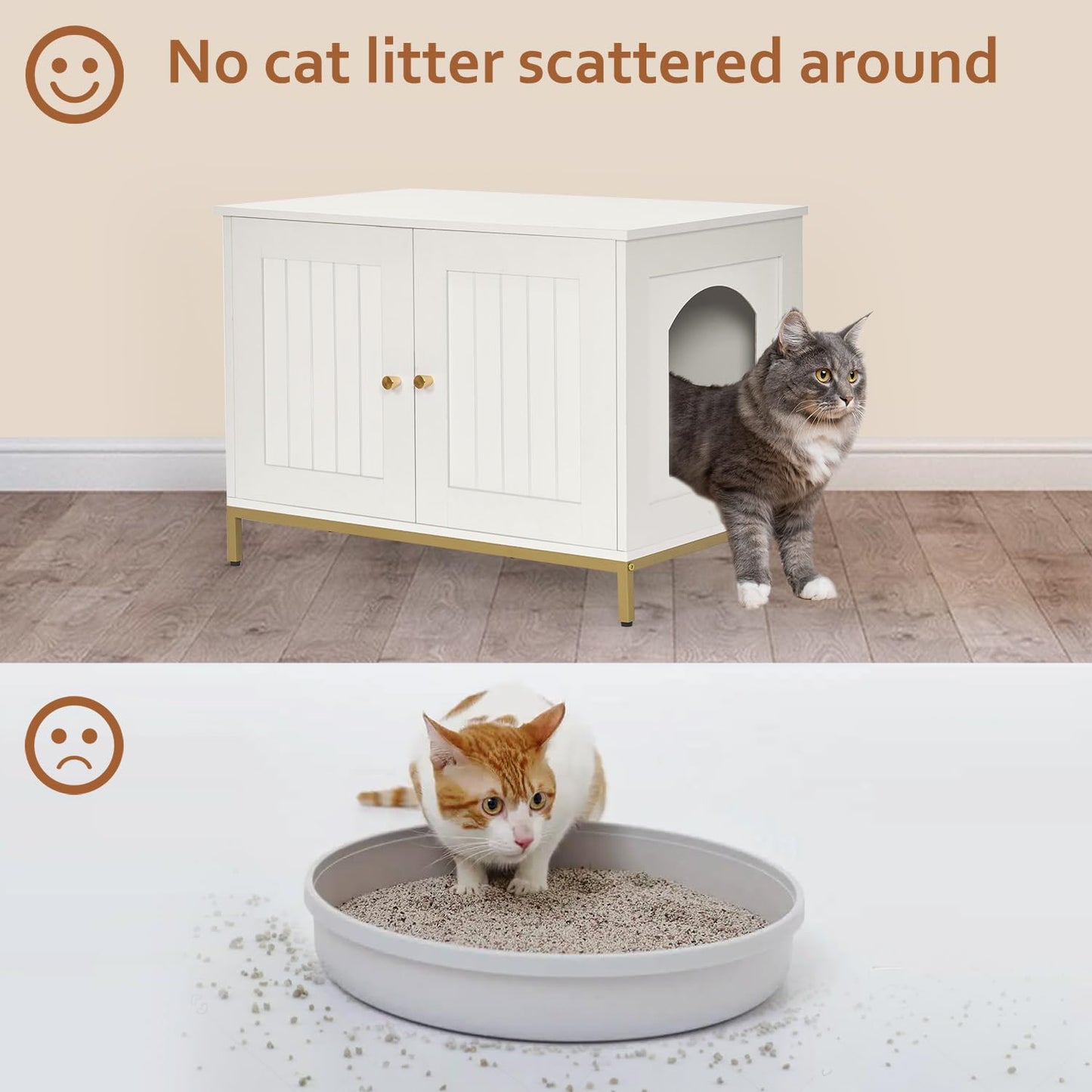 Homhedy Cat Litter Box Enclosure, Litter Box Furniture Hidden with Metal Frame, Cat Washroom Furniture, Cat House, Fit Most of Litter Box, Modern Style, White and Gold - WoodArtSupply