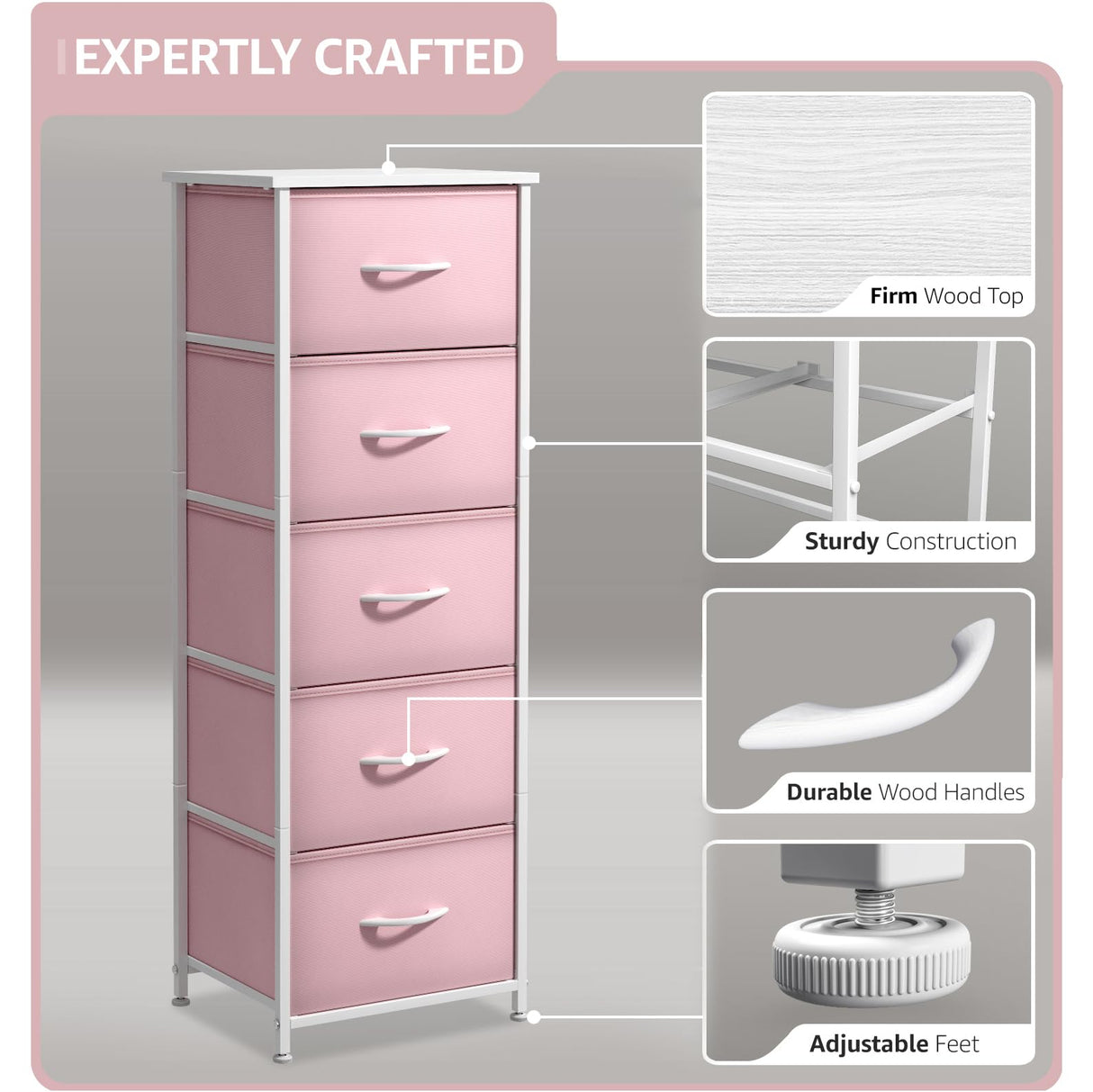 Sorbus Fabric Dresser for Kids Bedroom - Chest of 5 Drawers, Tall Storage Tower, Clothing Organizer, for Closet, for Playroom, for Nursery, Steel Frame, Fabric Bins - Wood Handle (Pink) Sorbus