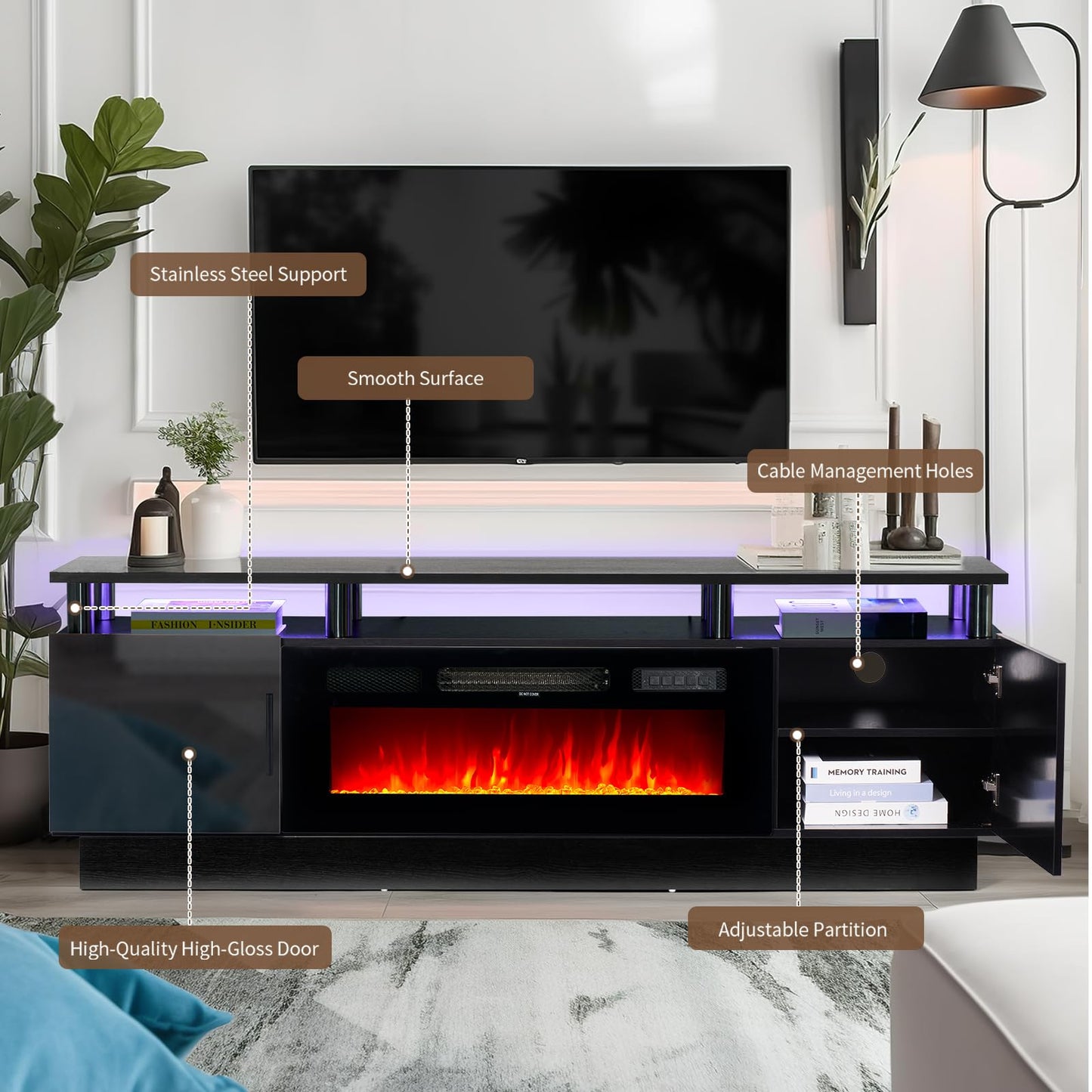 oneinmil 70" Modern Electric Fireplace TV Stand for TVs Up to 80 inch, with Electronic Flame and LED Lights, Luxury High Gloss Finish Entertainment Center, TV Console Cabinet for Living Room, Black