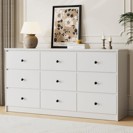 Tradare 9 Drawer Dresser for Bedroom, 59" Wide White Chest of Drawers, Wooden Dresser with 9 Drawers with Ample Storage, Modern Storage Organizer for Hallway,Nursery Tradare