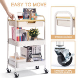 TOOLF 3-Tier Metal Utility Rolling Cart with Drawer and Wooden Table Top, Storage Cart White Trolley Kitchen Organizer Rolling Desk with Locking Wheels for Office, Classroom, Home, Bedroom TOOLF