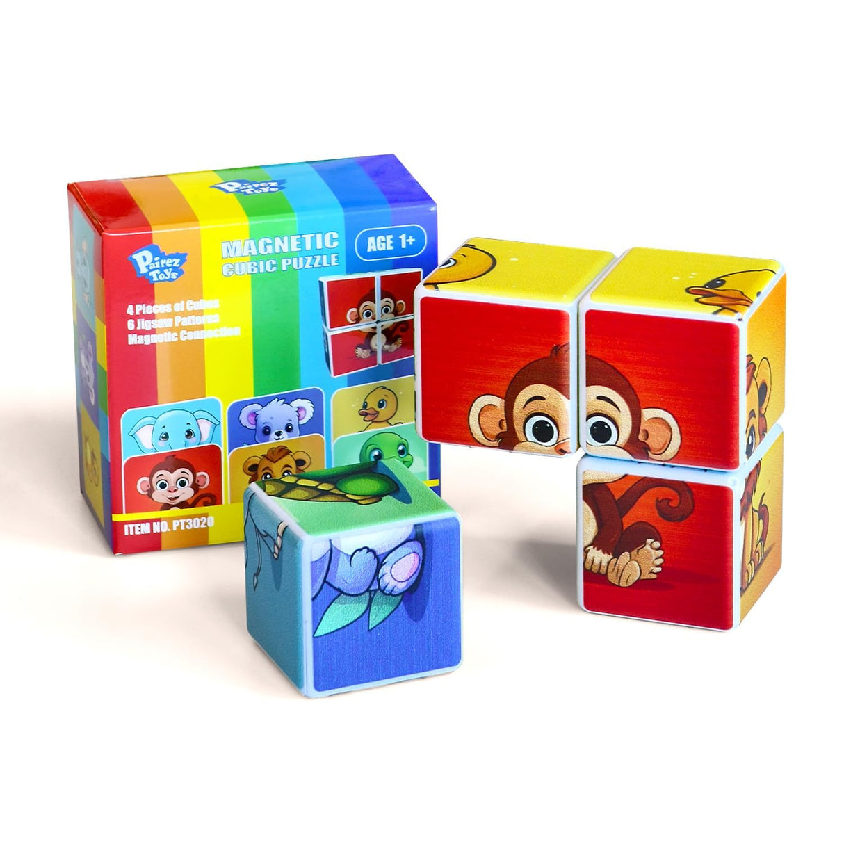 Pairez Toys 3D Magnetic Cubic Jigsaw Puzzle Toys for Toddlers, Large Building Blocks Cubes 1.65 Inches, Integrated with Magnets, 6 Patterns in Animal Theme Pairez Toys