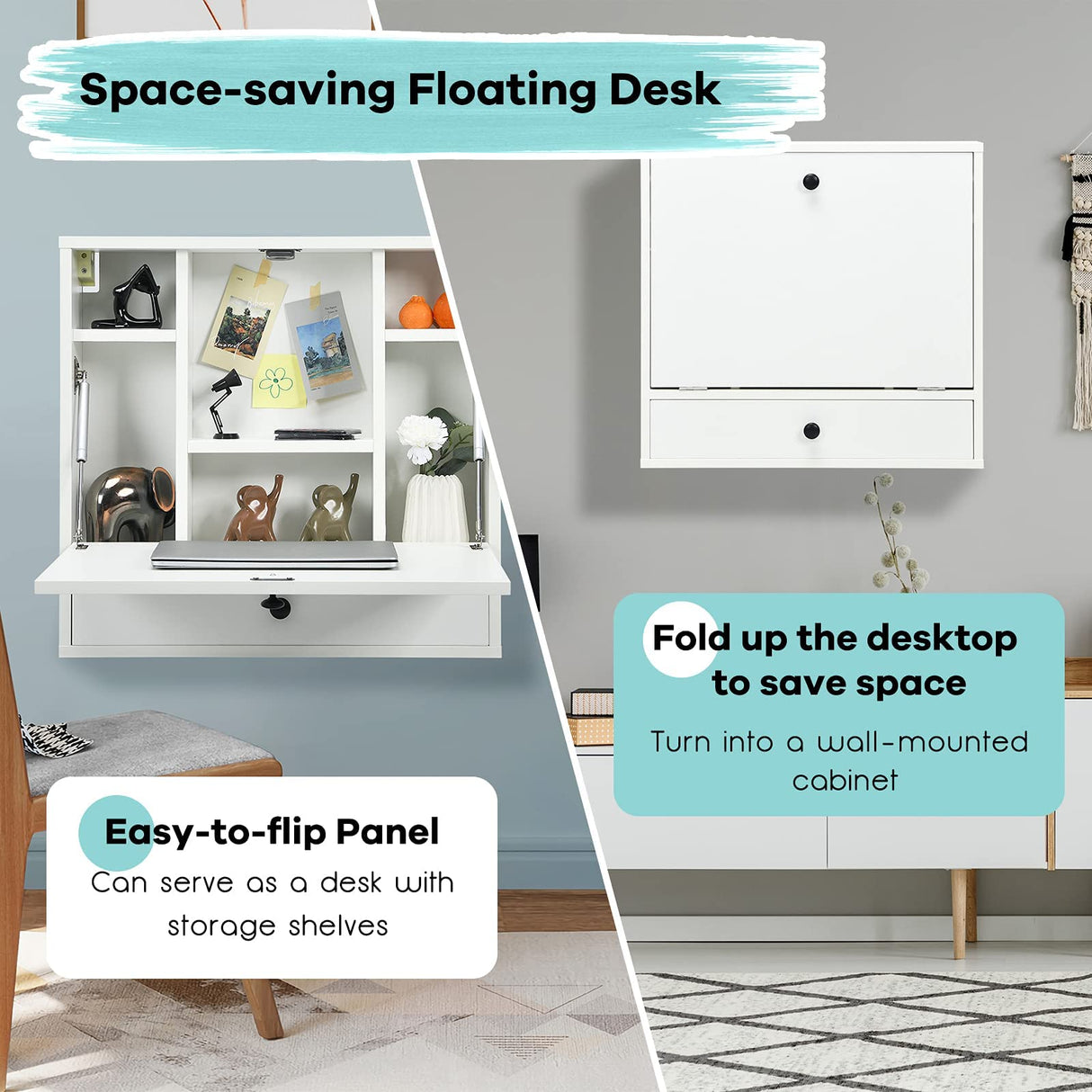 IFANNY Wall Mounted Desk, Wall Computer Desk w/Storage Drawer & Shelves, Compact Floating Desk for Wall, Space Saving Wall Desk Fold Down, Wall Desks for Small Spaces (White) IFANNY