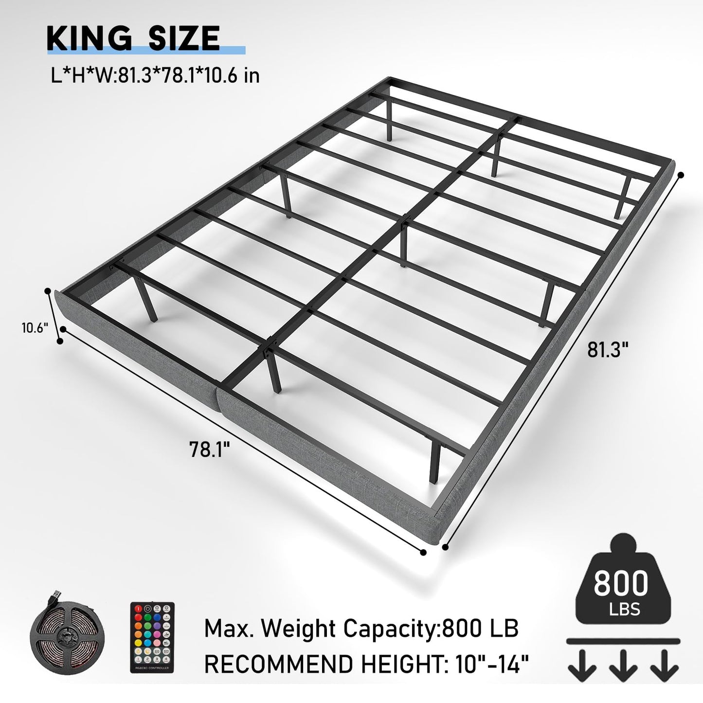 Anhave 10.6" High King Floating Bed Frame with LED Lights & Heavy-Duty Support - WoodArtSupply