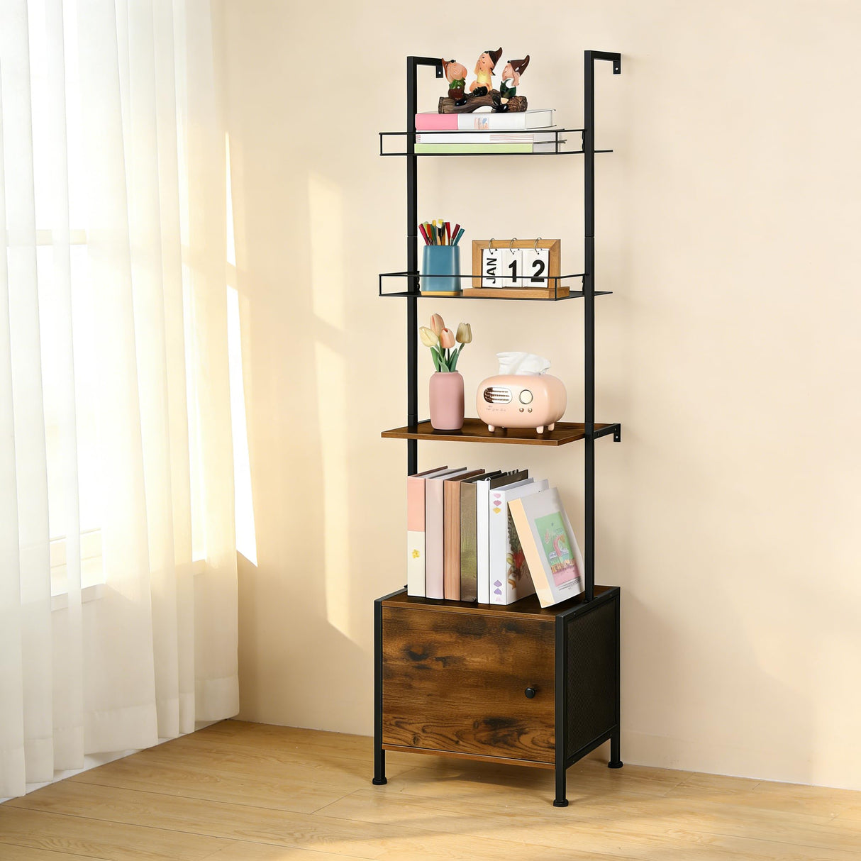 Vrisa 4 Tier Ladder Bookshelf with Drawers Wall Mounted Storage Shelves Wooden Ladder Shelf with Cabinet Display Bookcase for Living Room Bedroom Home Office Kitchen Brown Vrisa