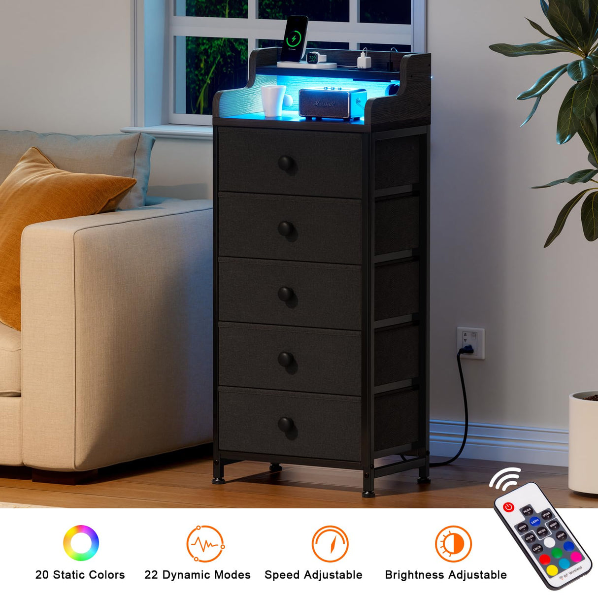 REAHOME Dresser for Bedroom with Charging Station and LED Lights, 5 Drawers Dresser Black Chest of Drawers with Shelves, Tall Night Stand with Sturdy Steel Frame & Wood Top for Bedroom - Black Grey REAHOME