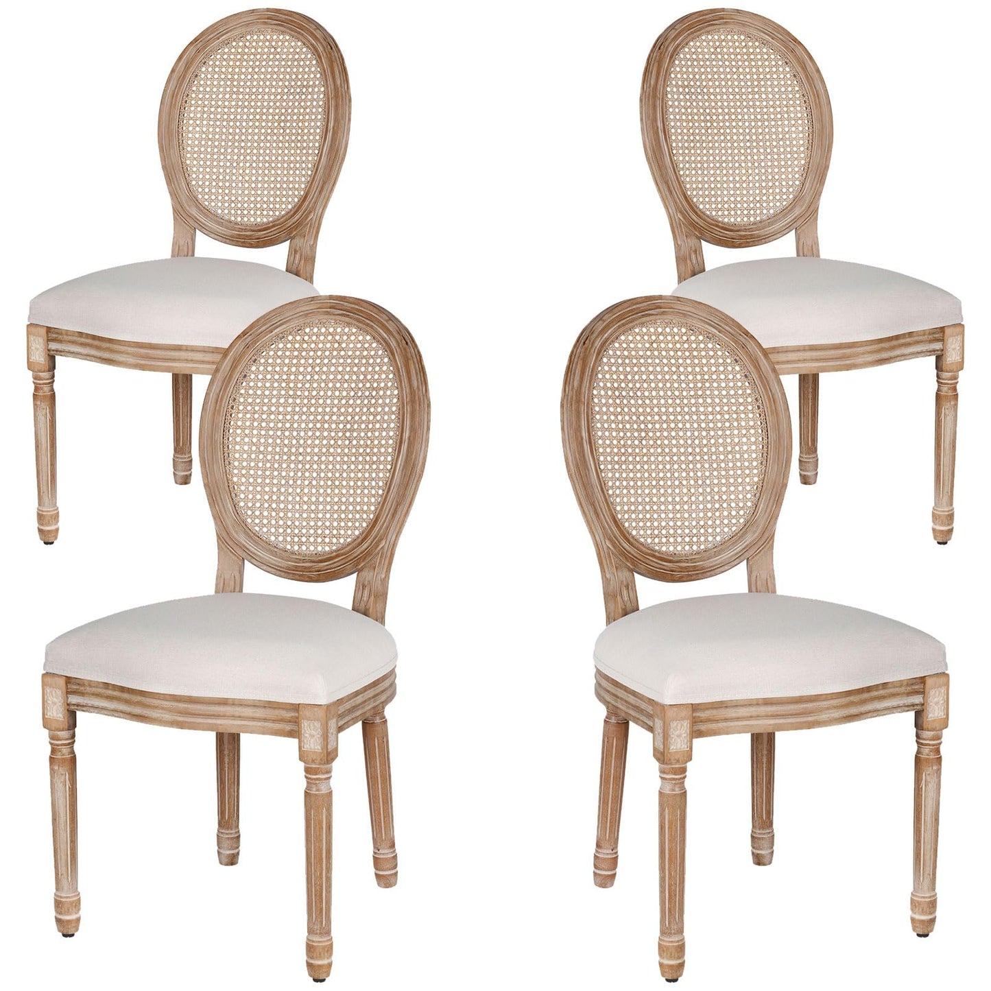 Polar Aurora Dining Chairs Set of 4 Beige Rattan Round Back with Solid Wood Legs and Frame for French Country Kitchen Dining Room