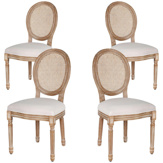 Polar Aurora Dining Chairs Set of 4 Beige Rattan Round Back with Solid Wood Legs and Frame for French Country Kitchen Dining Room