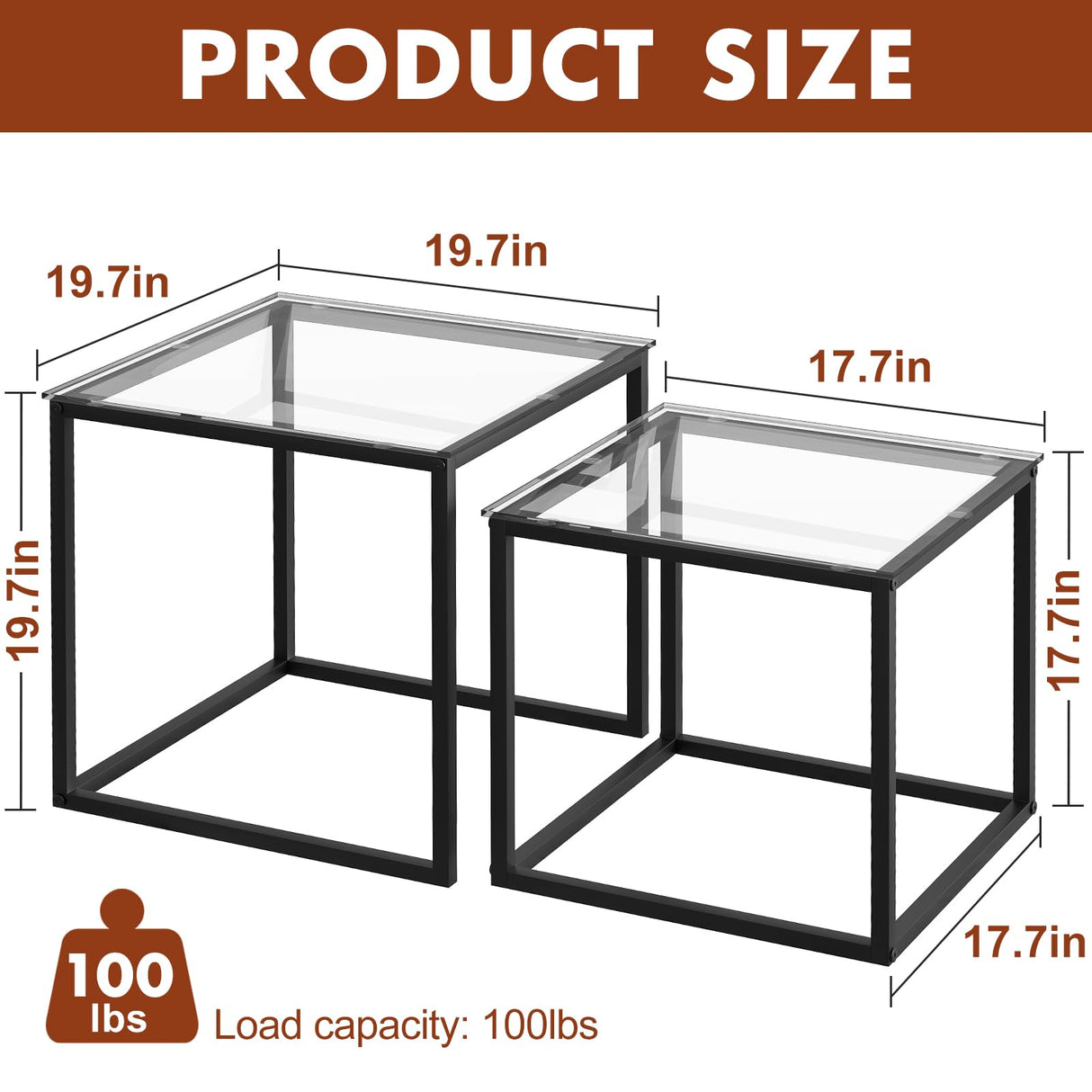 VILAWLENCE Coffee Table Set of 2, Modern Black Glass Side Table, Metal Frame Square End Table, Center Tables,Nesting Coffee Table for Living Room,Bedroom and Small Spaces VILAWLENCE