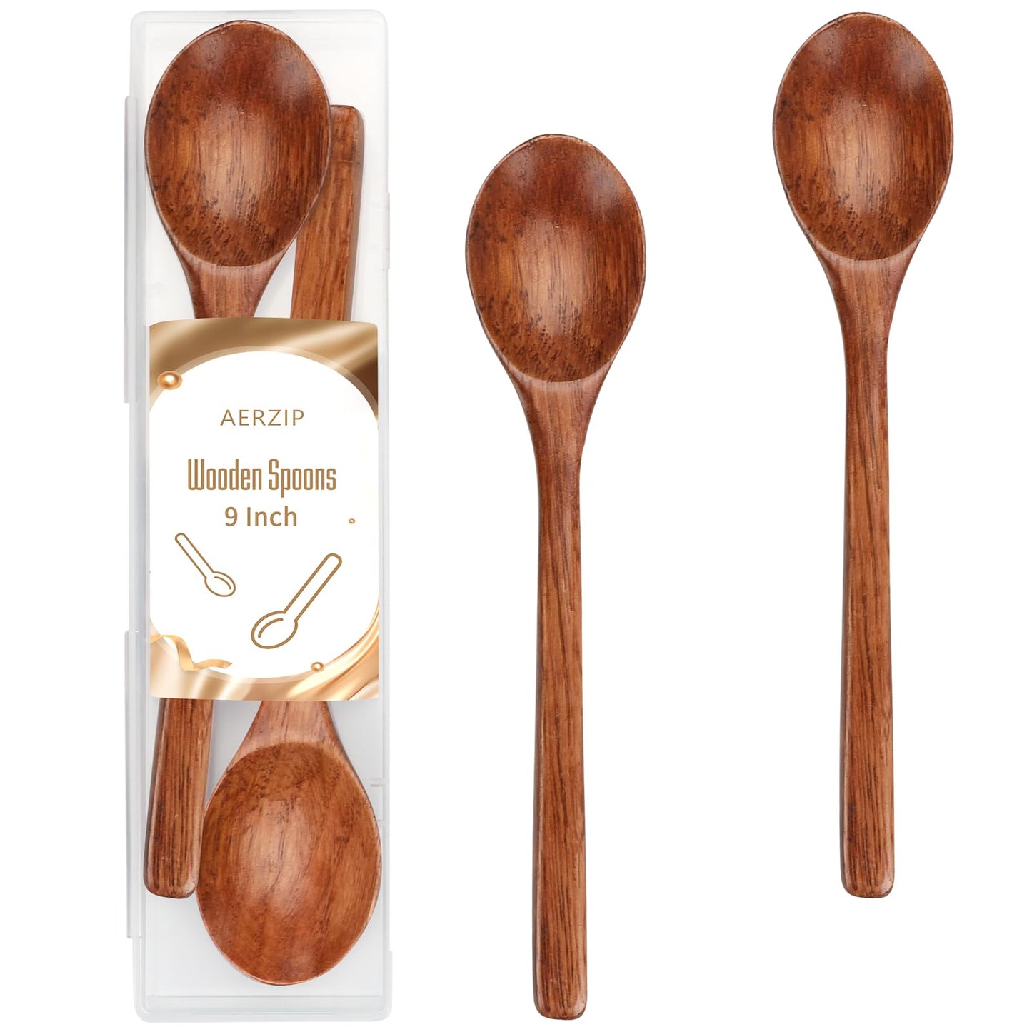 AERZIP 9 Inch Wooden Spoons for Eating Mixing Stirring Soda Jam Honey, Extra Long Handle Wood Soup Spoons for Serving Home Kitchen Cooking Table Spoon (2 PCS)