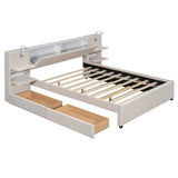 MaiDeHaoo Queen Size Upholstered Bed with with Trundle and 2 Storage Drawers, Luxury Queen Bed Frame with Storage Headboard and Reading Lights, Built-in Nightstands, Beige MaiDeHaoo