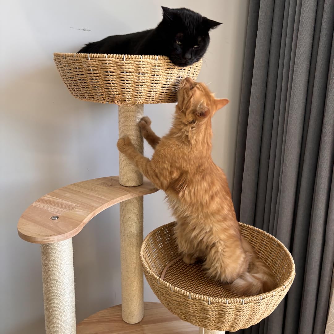 54" Modern Cat Tree for Large Cats, Wood Luxury Multi-Level Oak Solid Wood Cat Trees Cat Towers with 3 Rattan Weaving Cat Nests & Washable Cushions, Sisal Scratching Posts, for Indoor Cats-Lacquered MewJoyee