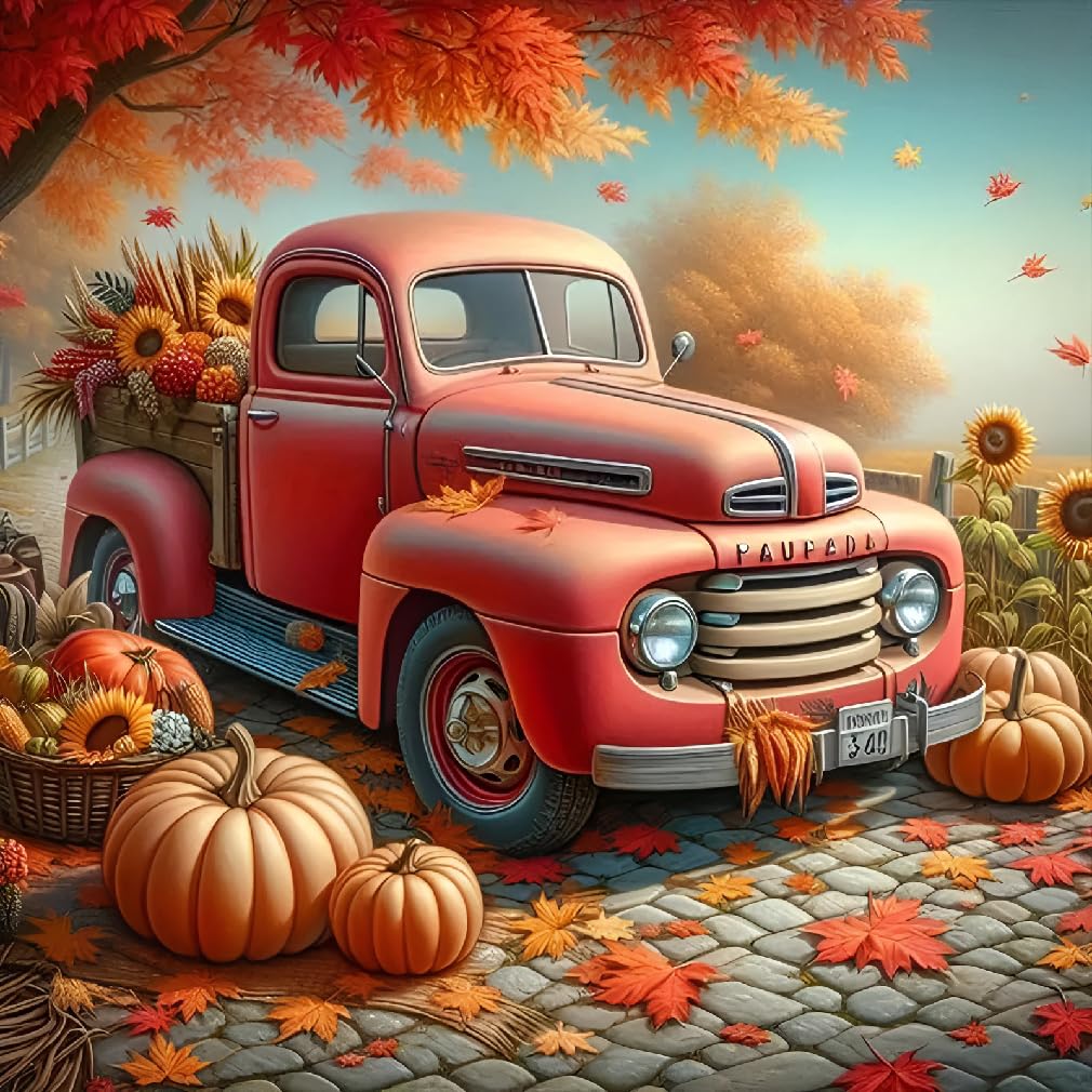 Canrichshop Autumn Pumpkin 5D Diamond Art Kits for Adults,Truck Diamond Painting Kits for Beginners,Fall Full Drill Diamond Paintings,Paint by Diamonds for Wall Decor 14x14inch Canrichshop
