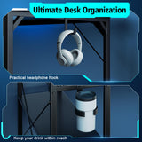 OMICON Computer Desk with LED Light, 42-55 Inch Gaming Desk with Reversible Storage Shelves, Office Desk with Power Outlets Corner Desk for Home Office, Small Space Desk Black Carbon Fiber (42) DOMICON