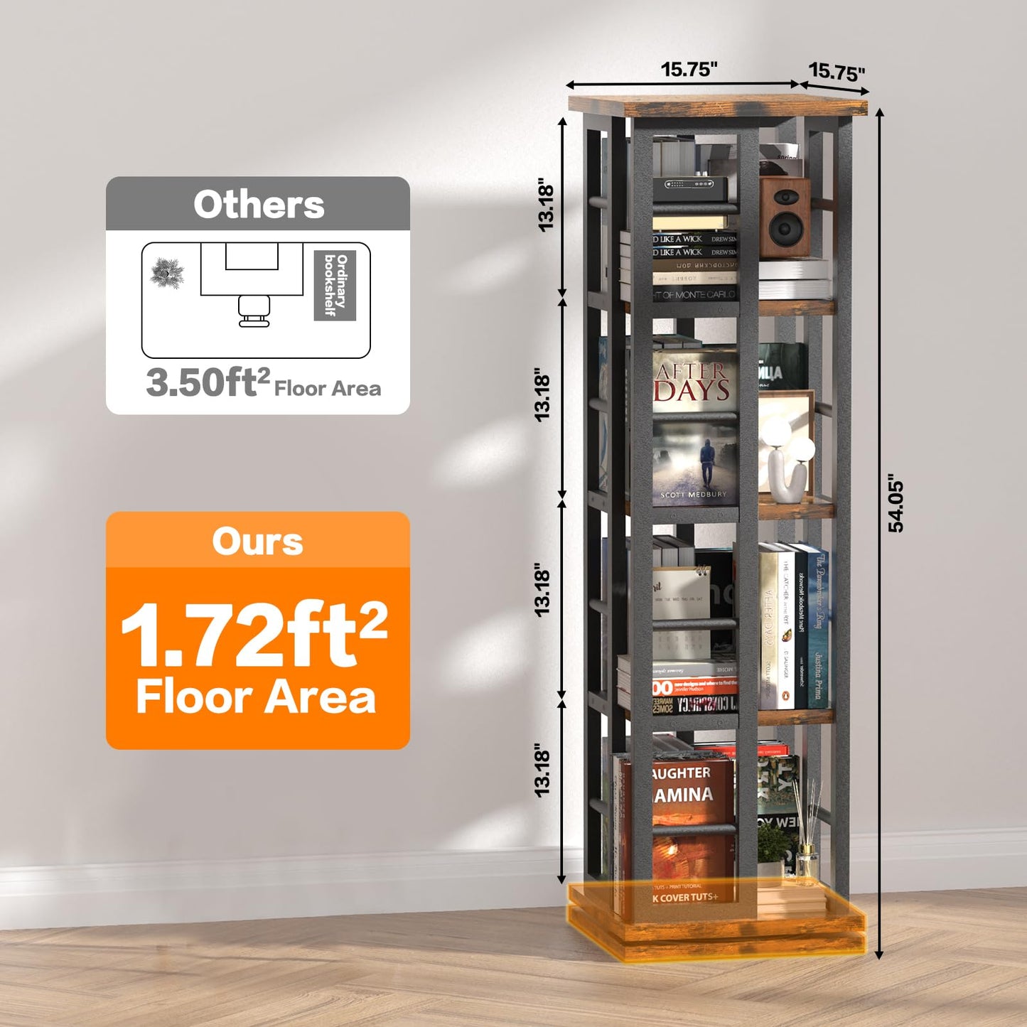 EasyCom 360° Rotating Wood Bookshelf with Metal Frame - 4-Tier Corner Storage for Living Room and Office, Brown - WoodArtSupply