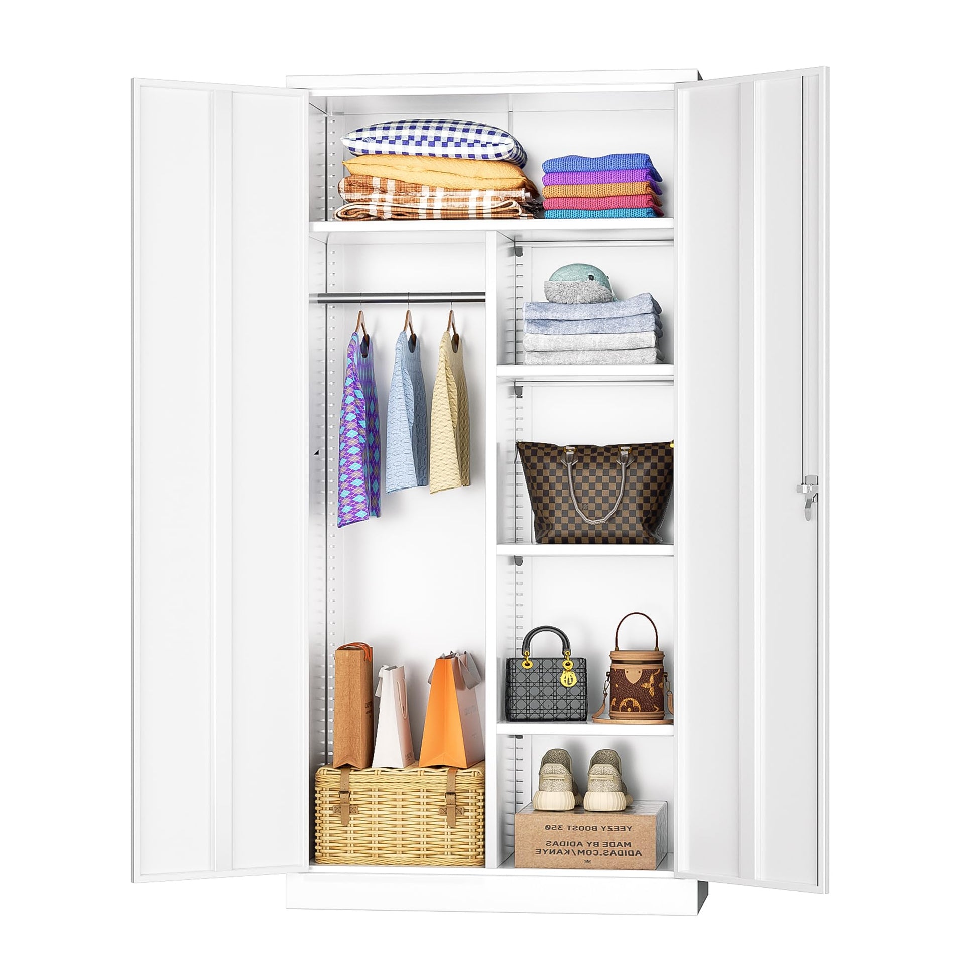 INTERGREAT Metal Wardrobe Closet, 72" White Locking Storage Wardrobe Cabinet with Doors and Shelves, Tall Steel Clothes Storage for Office, Home, School, Gym - WoodArtSupply