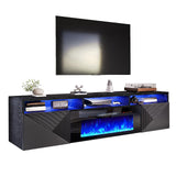 AMERLIFE Floating TV Stand with 40" Electric Fireplace, Modern Wall Mounted Entertainment Center with Storage, 80in Media Console with High Gloss Geometric Doors for TVs Up to 90", Black AMERLIFE