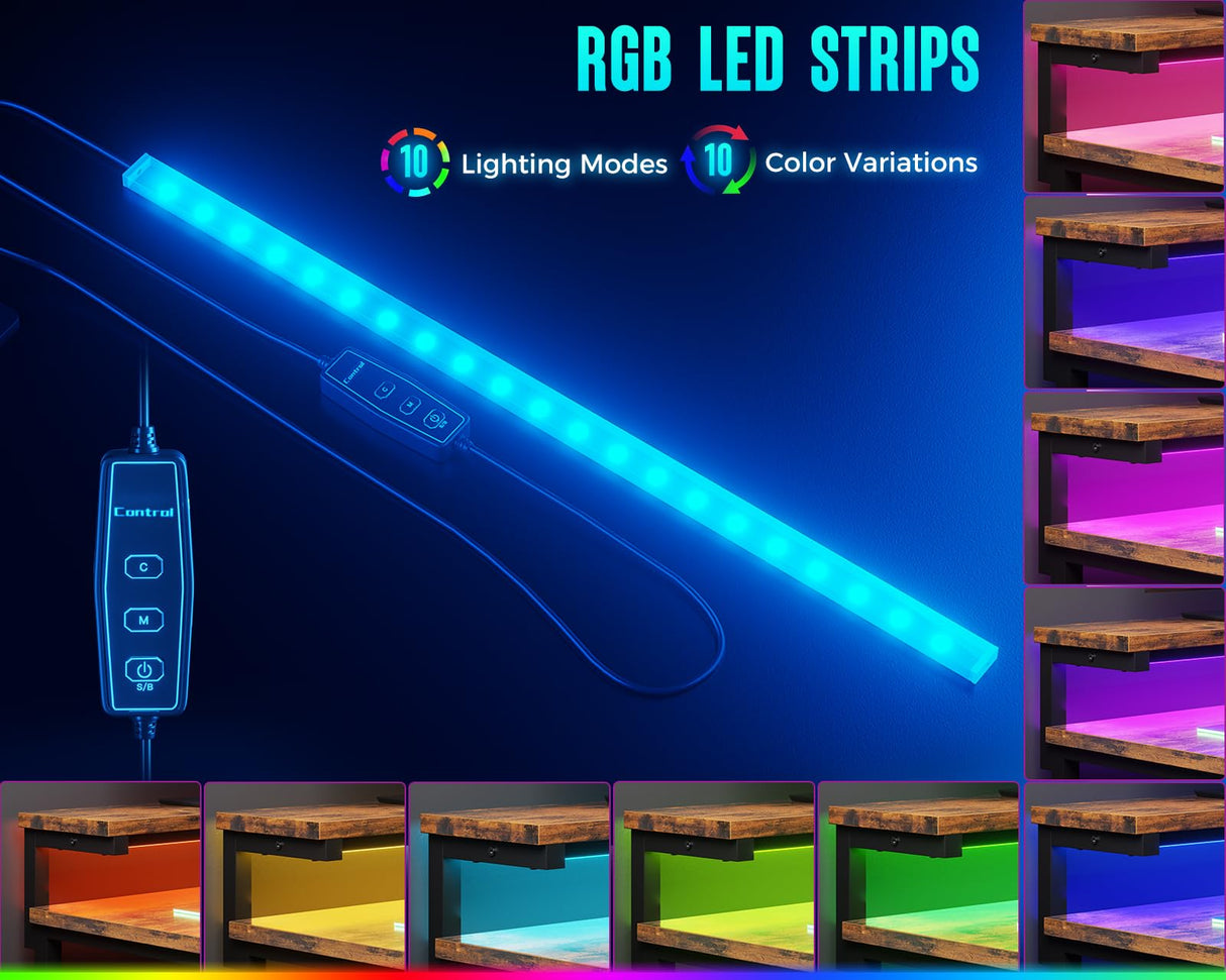 AODK Gaming Desk with LED Lights & Power Outlet, 40 Inch Small Computer Desk with Drawer, Reversible Desk with Adjustable Monitor Shelf & Headphone Hook for Home Office, Rustic Brown AODK