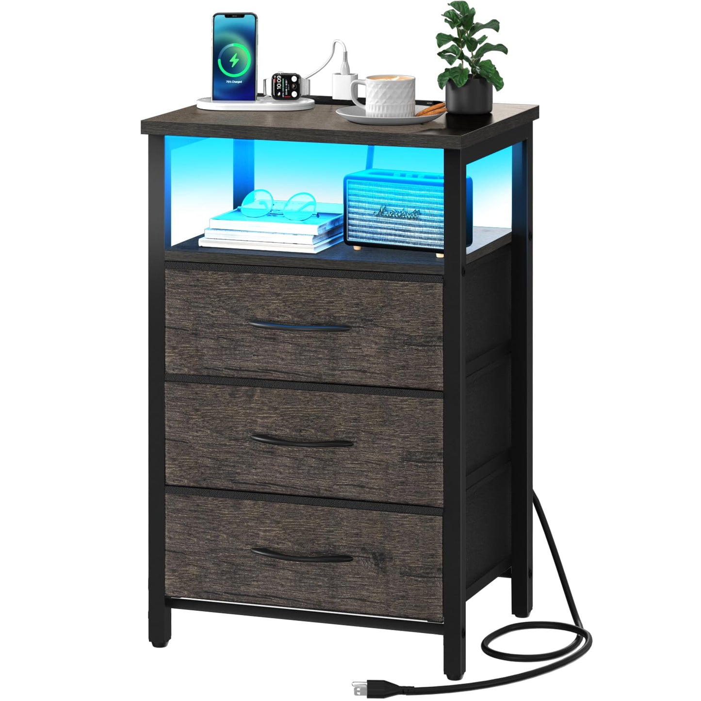 Yoobure Night Stand with Charging Station, 20 Colors LED Nightstand with USB Ports and Outlets, End Table with 3 Fabric Drawers and Storage Shelf, Bedside Tables Small Dresser for Small Space - WoodArtSupply