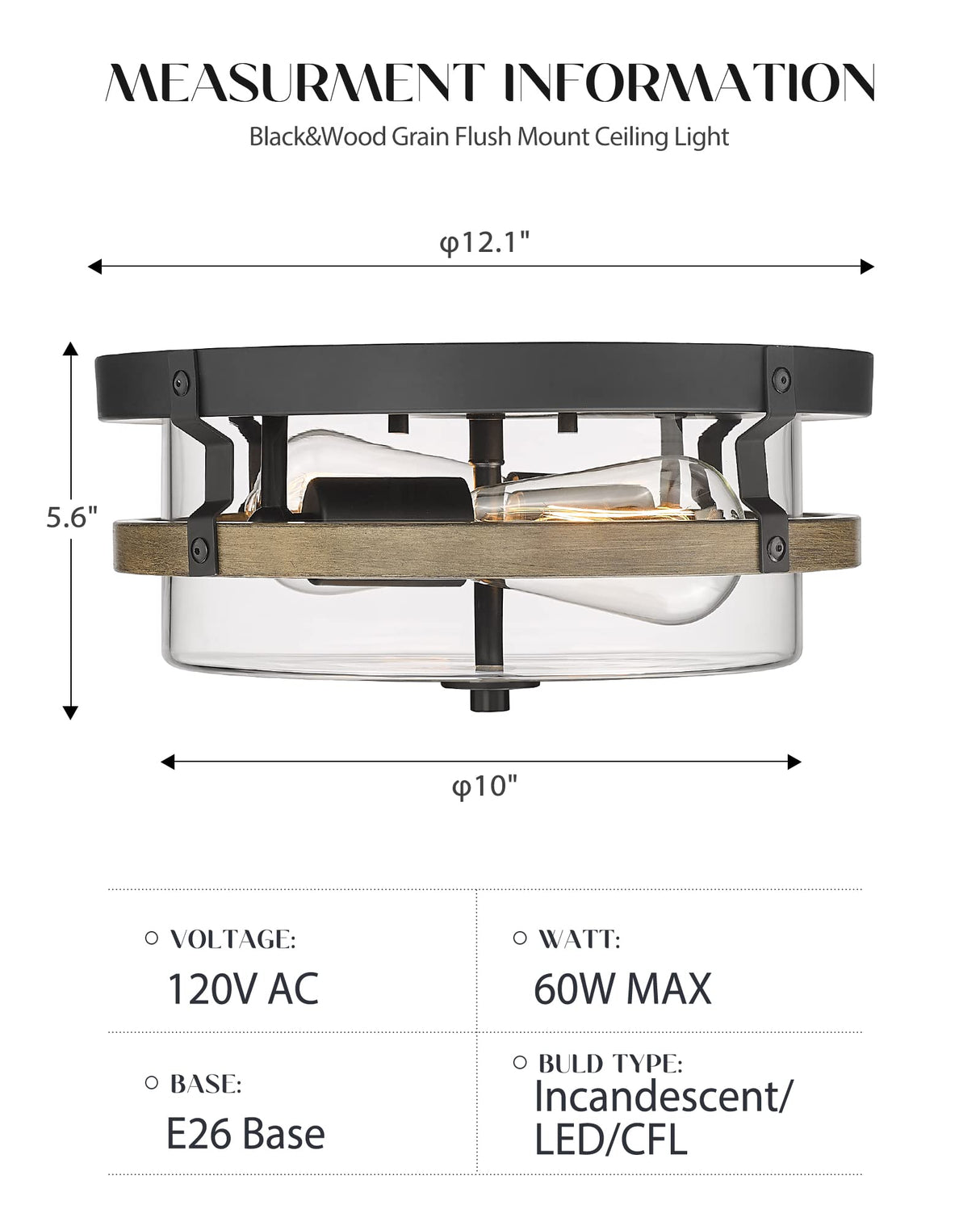 EAPUDUN Farmhouse Ceiling Light, Wooden Flush Mount Ceiling Light Fixtures with Clear Glass Shade, Retro 2-Light Ceiling Lamp for Hallway Entryway Bedroom Kitchen Dining Room FMA1443-FBDT EAPUDUN
