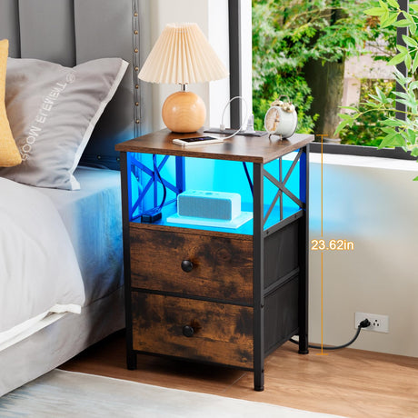 AMHANCIBLE Night Stand Set 2, LED Nightstand with Charging Station, End Tables Living Room with Fabric Drawers, Bedside Table for Bedroom, Rustic Brown, HET052LBR AMHANCIBLE