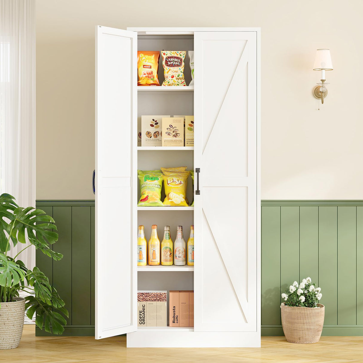 RAVIGIN Farmhouse Storage Cabinet,75" H Metal Pantry Cabinet with Barn Doors and Adjustable Shelves,75" H 6-Tier Rustic Pantry Organizers for Kitchen,Dining Room,White RAVIGIN