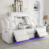 Power Reclining Sofa Couch with Wireless Charger, 3 Seaters with Recliner with Reading Light, Leather Electric 3 Seat Sofa Sectional Set for Living Room, Home Theater Seating with LED Lights, White Comfort Stretch