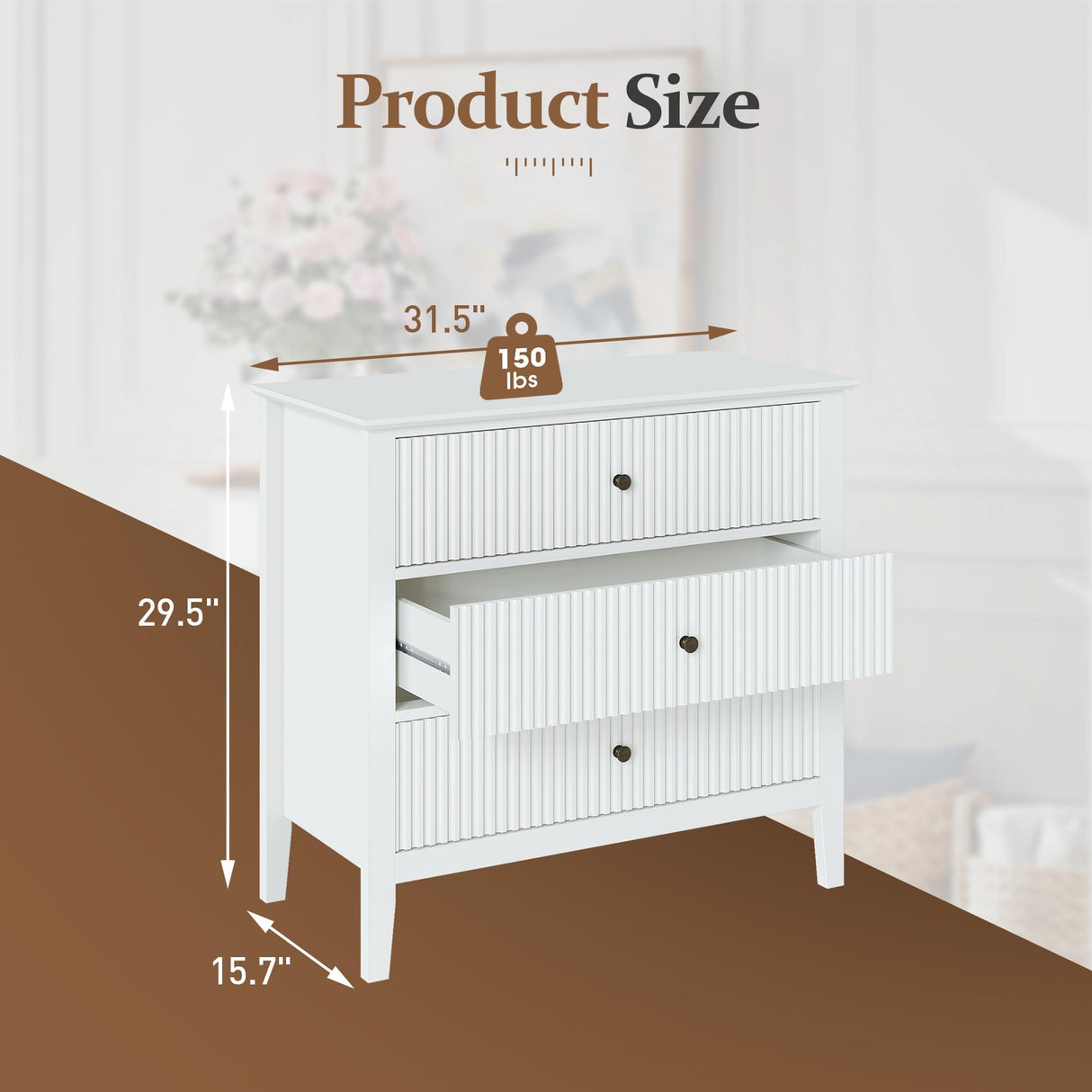 RoyalCraft Large White Fluted 3 Drawer Dresser for Bedroom, Wide Chest of Drawers for Closet, Modern Wood Dresser Wide Nightstand Cabinet for Living Room RoyalCraft