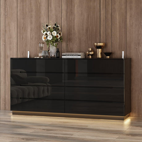 ROMSHINE Black Drawer Dresser with LED Light, Modern High Gloss Dresser with 8 Drawers, 63" Long Dresser Double Dresser Storage Chest of Drawer for Bedroom, Living Room, Entryway ROMSHINE