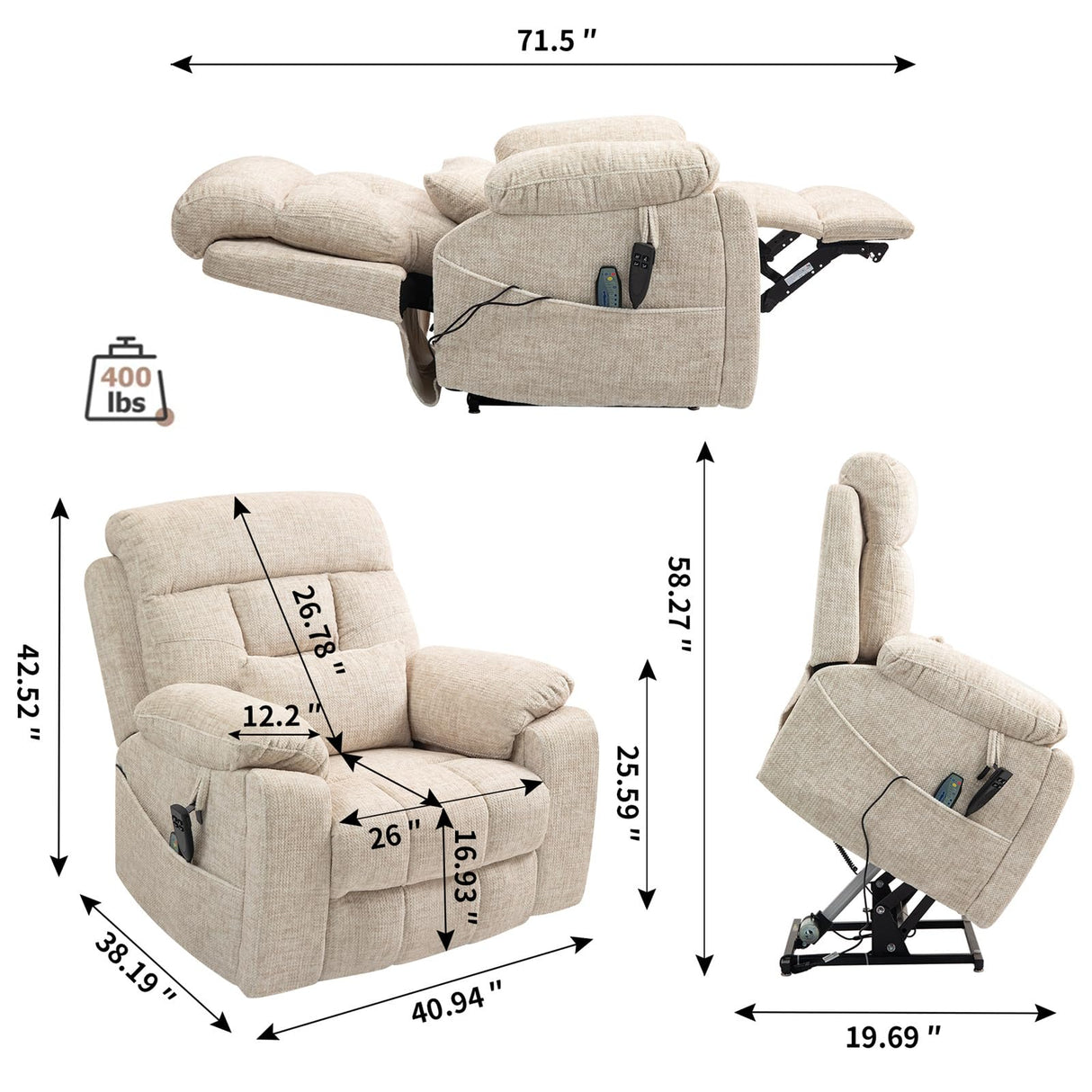Big Tall Man Power Lift Lay Flat Recliner, Extra Wide Oversized Heat Massage Dual Motor Recliners Up to 400 LBS, Large Electric Power Recliner Chairs for Elderly, Adults, Lazy Boy(Cream Chenille) LITVZ