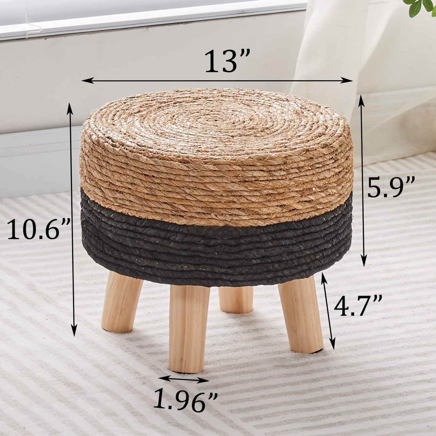 Cpintltr Ottoman Natural Seagrass Footrest Poufs Hand Weave Round Foot Stool for Couch Desk Soft Step Stool Padded Foot Rest with Pine Legs for Living Room Bedroom Natural/Black - WoodArtSupply