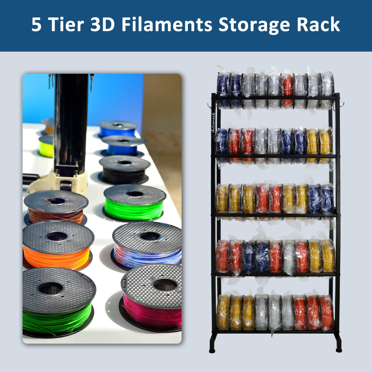ARTINRACK 3D Printer Filament Storage Rack, Heavy Duty Storage Shelves for 40+ Printing Filaments, 5 Tier Filament Spool Holder Rack for 3D Printing Business Studio Workshop ARTINRACK
