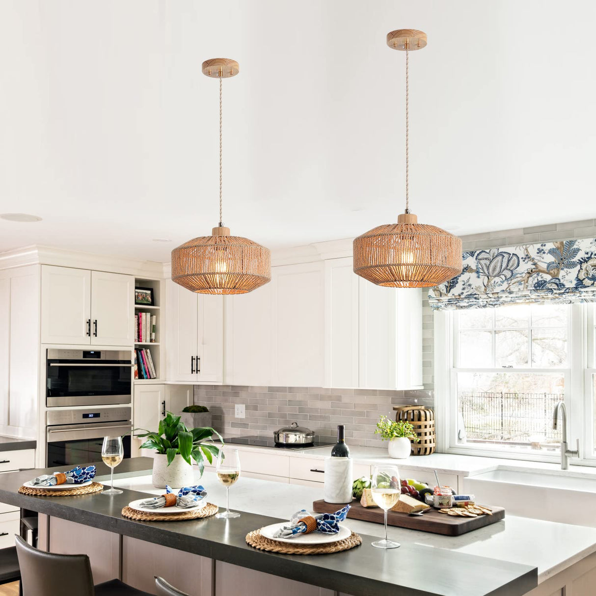 Hchunqjor Coastal Woven Pendant Light Fixture One-Light Adjustable Natural Hemp Rope Cage Pendant Lighting for Kitchen Island Sink Farmhouse Dining Room Hchunqjor