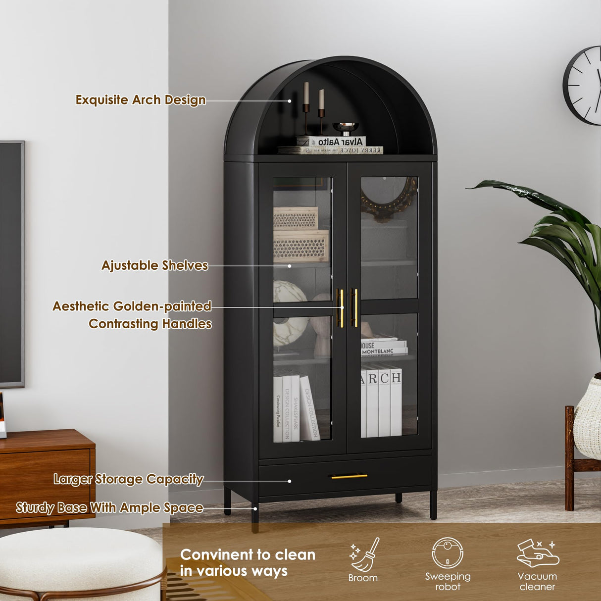 VEXPOR 73In Tall Metal Arched Cabinet, Display Kitchen Pantry Cabinet with Glass Door, Modern Farmhouse Bookcase with 1 Drawer and 2 Adjustable Shelves for Living Room, Black, Assembly Required VEXPOR