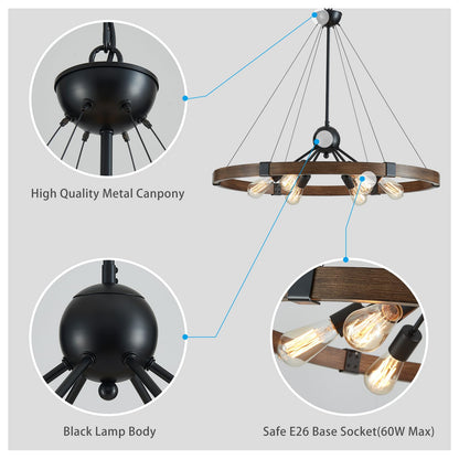 XINGQI 31.5" Wagon Wheel Chandeliers Large Modern Farmhouse Light Fixture, Black & Wood Grain Finish 6-Light for Dining Room Living Room Office