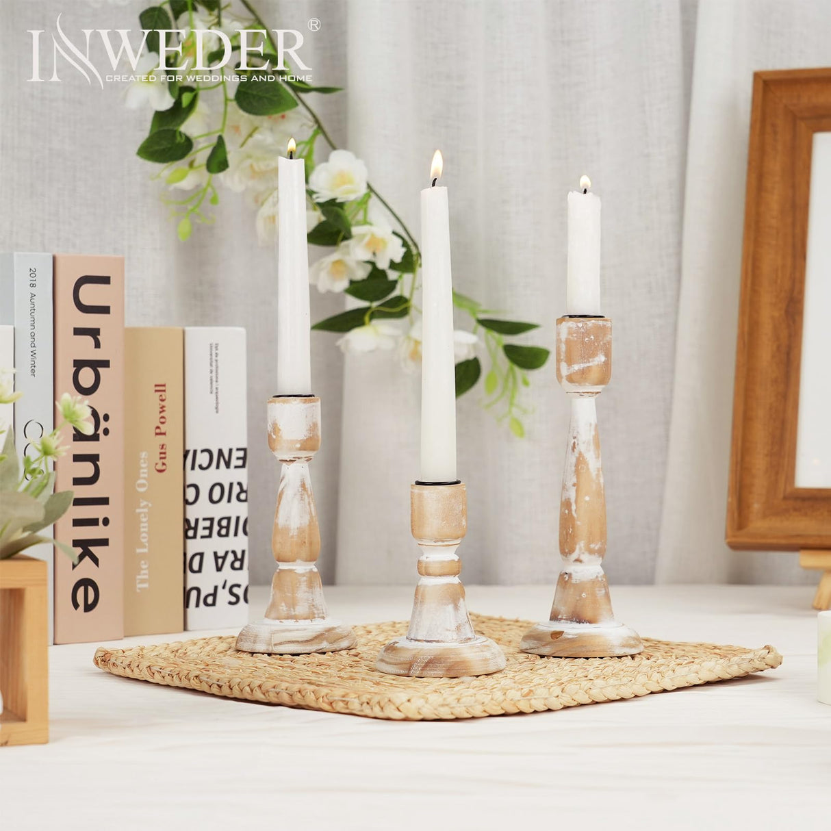 Inweder Wood Taper Candle Holders: 3Pcs Rustic Candle Holders for Candlesticks Wood Candle Holder for Home Decor Wooden Candlestick Holders for Fireplace Farmhouse Candle Holders Table Centerpiece Inweder